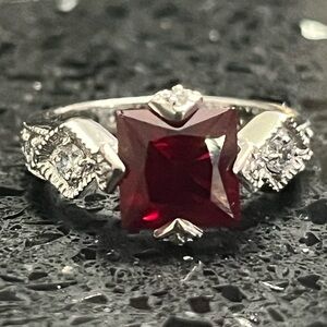 Princess cut Ruby vintage cz eternity engagement wedding ring sterling silver